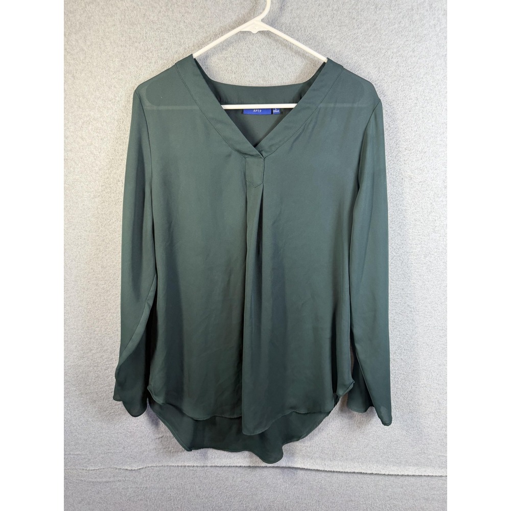 APT.9 Blouse Womens Large Green V Neck Long Sleeve Tunic Top Solid Pullover